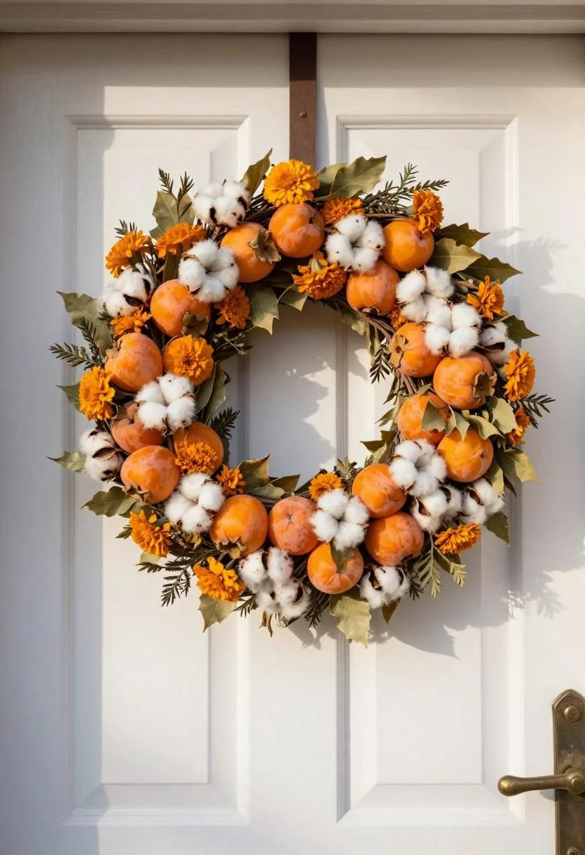 Persimmon waxed cotton wreath with dried marigolds on a white-paneled door with brass hardware