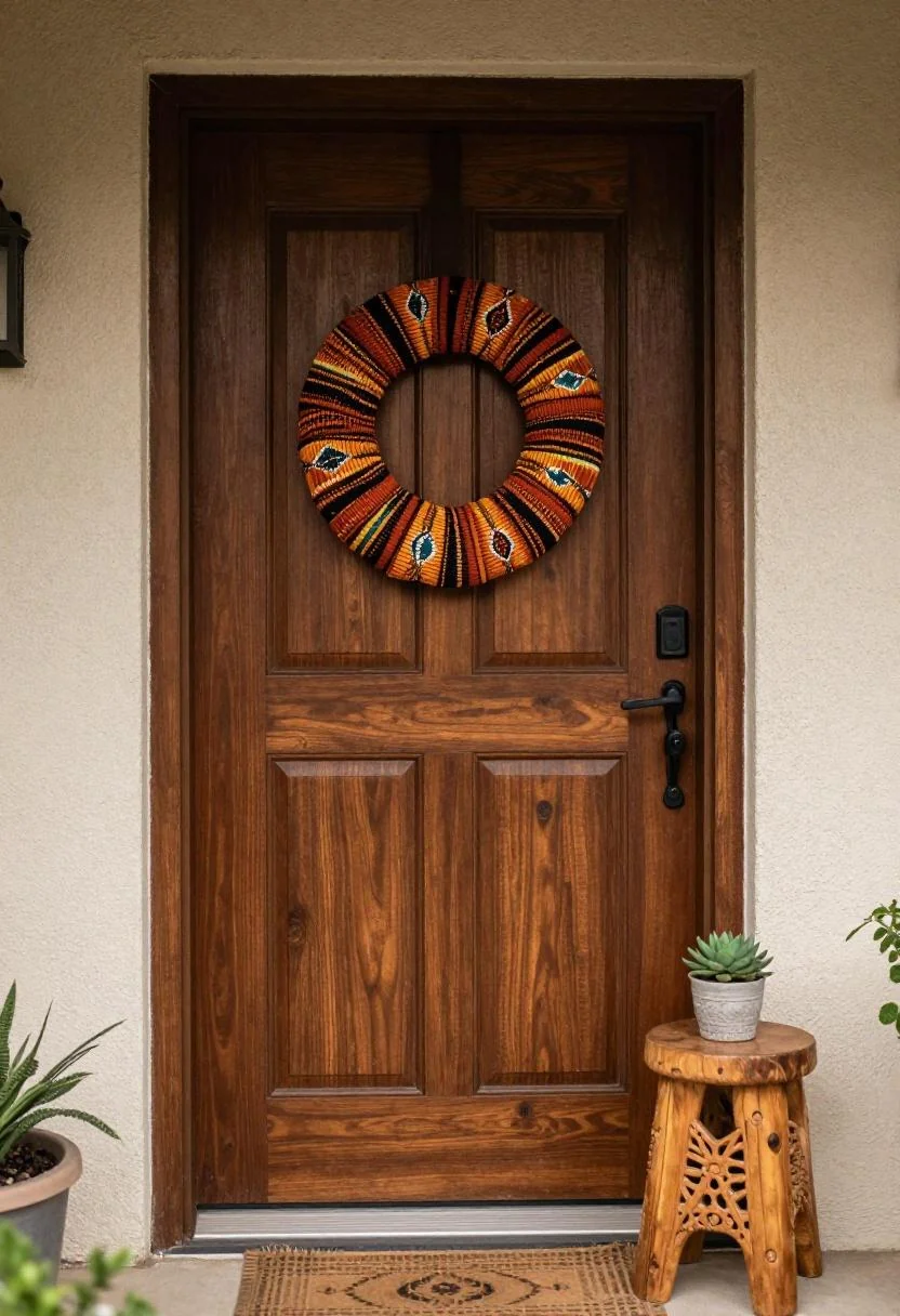 Afrohemian terracotta kente-woven wreath on a teak door with a carved stool and succulent