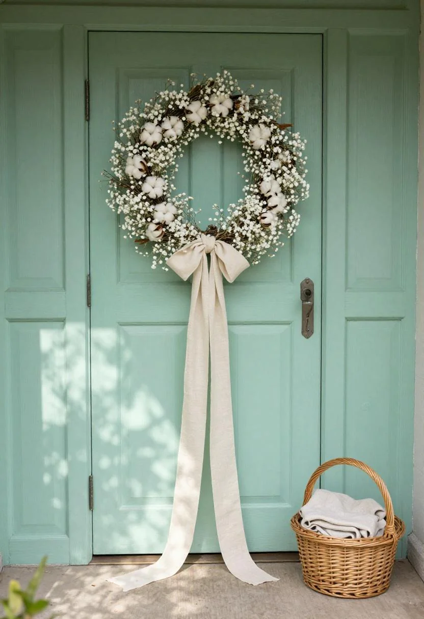 Cream white baby's breath and cotton wreath on a mint door with a wicker linen basket to the side