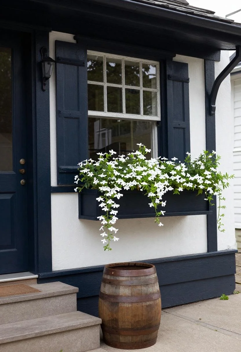 Cottage porch corner with a deep plum window box and trailing white lobelia beside a weathered oak barrel planter