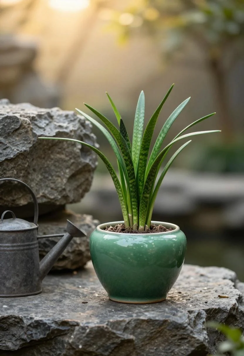 Jade green glazed ceramic pot with snake grass beside an iron watering can against a limestone garden wall