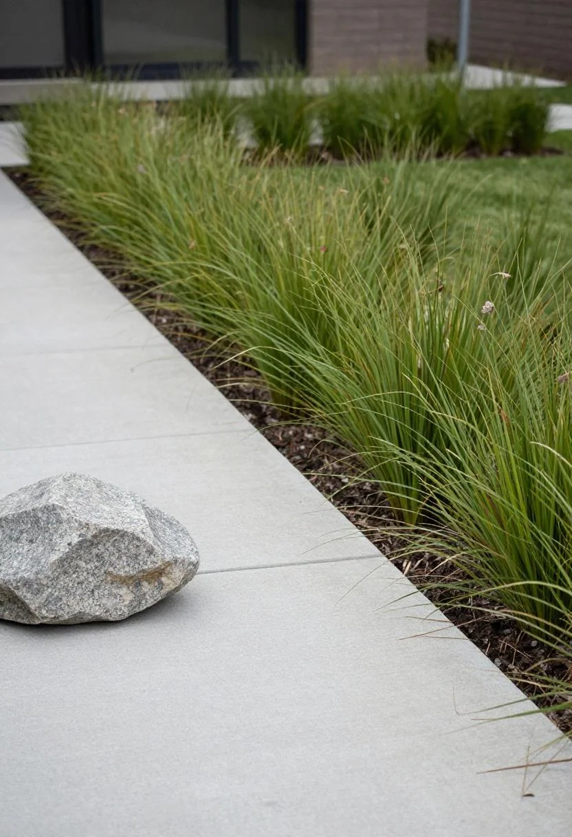 Modern foundation bed with wasabi-toned ornamental grass and a granite boulder flanking a clean concrete path edge
