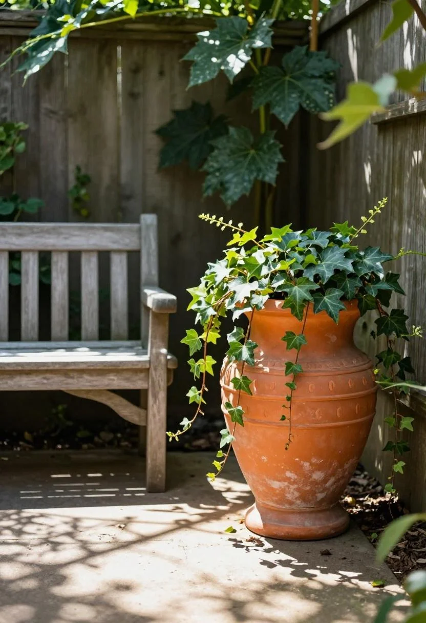 Side yard nook with a persimmon terracotta urn and trailing ivy beside a cedar bench in morning light