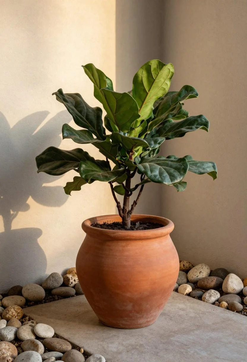 Afrohemian patio corner with a hand-thrown terracotta pot with fiddle-leaf philodendron surrounded by river stones