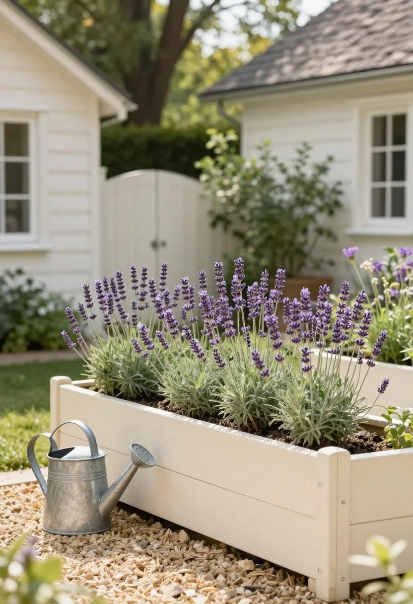 Cottagecore front yard with cream white raised wooden beds full of spring lavender and a galvanized watering can
