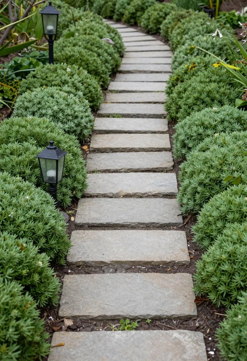 Overhead view of a slate stepping stone path with sage green sedum filling the gaps and a cast-iron lantern at the edge