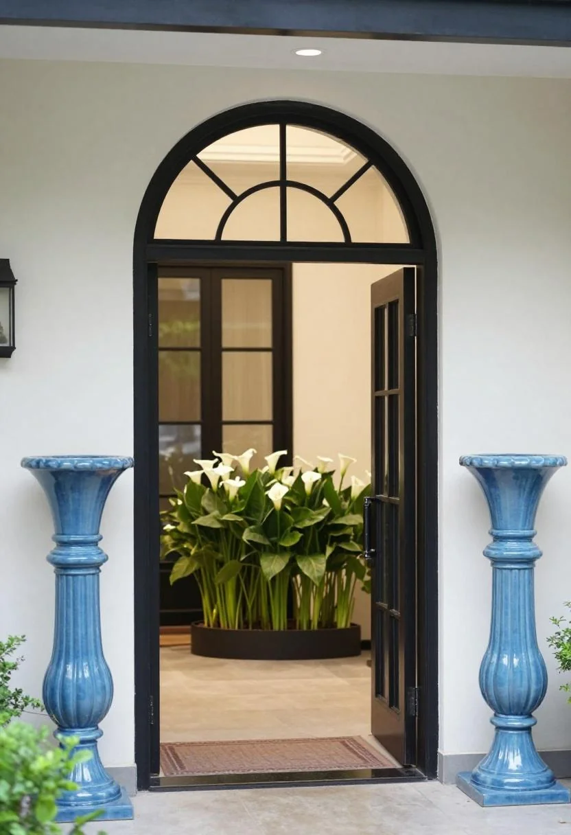 Neo Deco house entrance with fluted cool blue glazed column planters of white calla lilies framing an arched steel door
