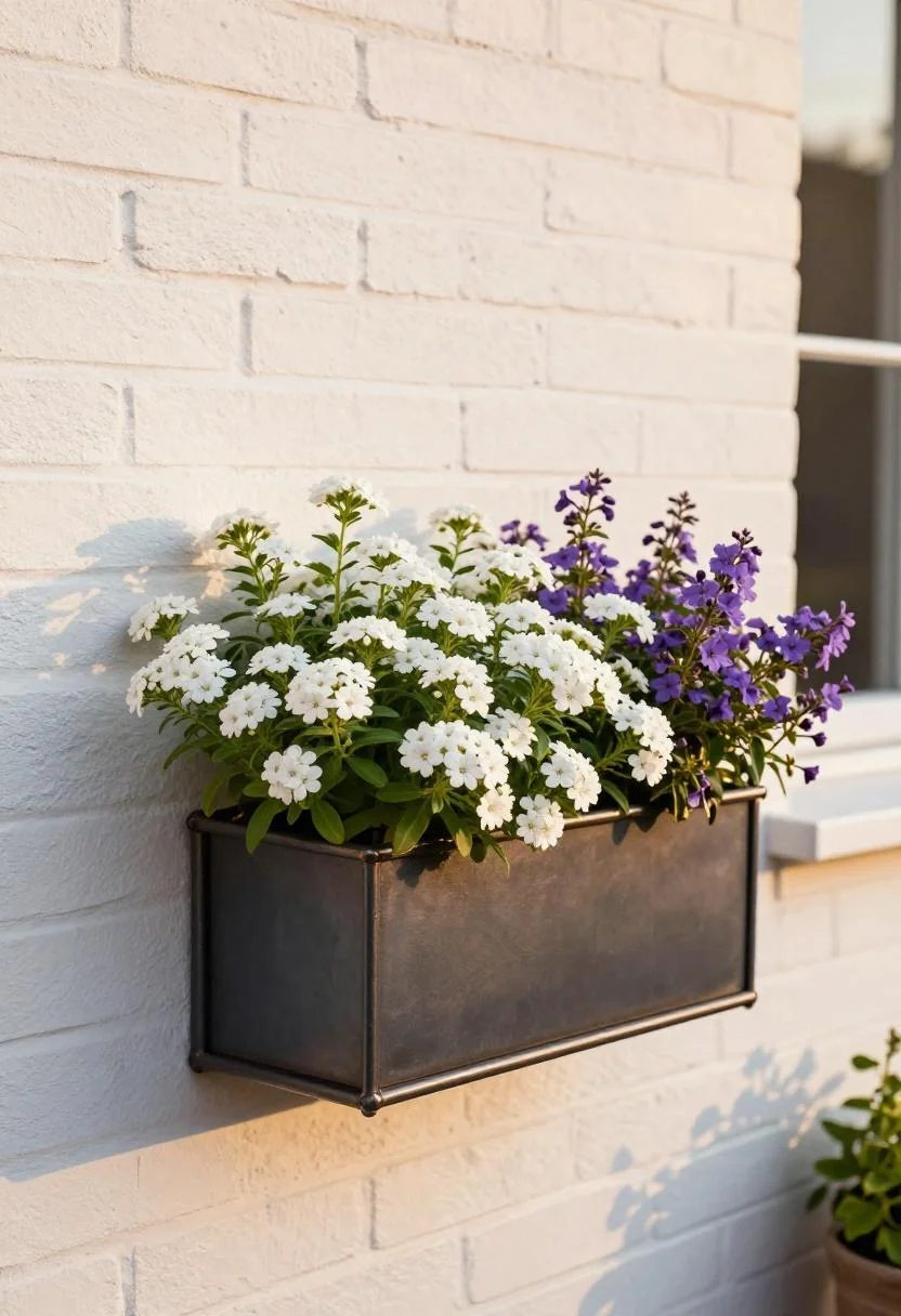 Plum noir lacquered steel window box with cascading white alyssum and purple verbena on a whitewashed brick wall