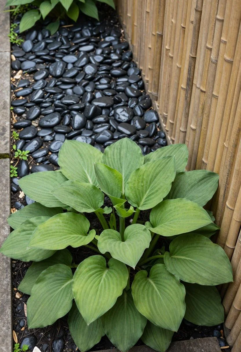 Backyard garden border with lush jade green hostas against black river stone mulch and a bamboo fence panel