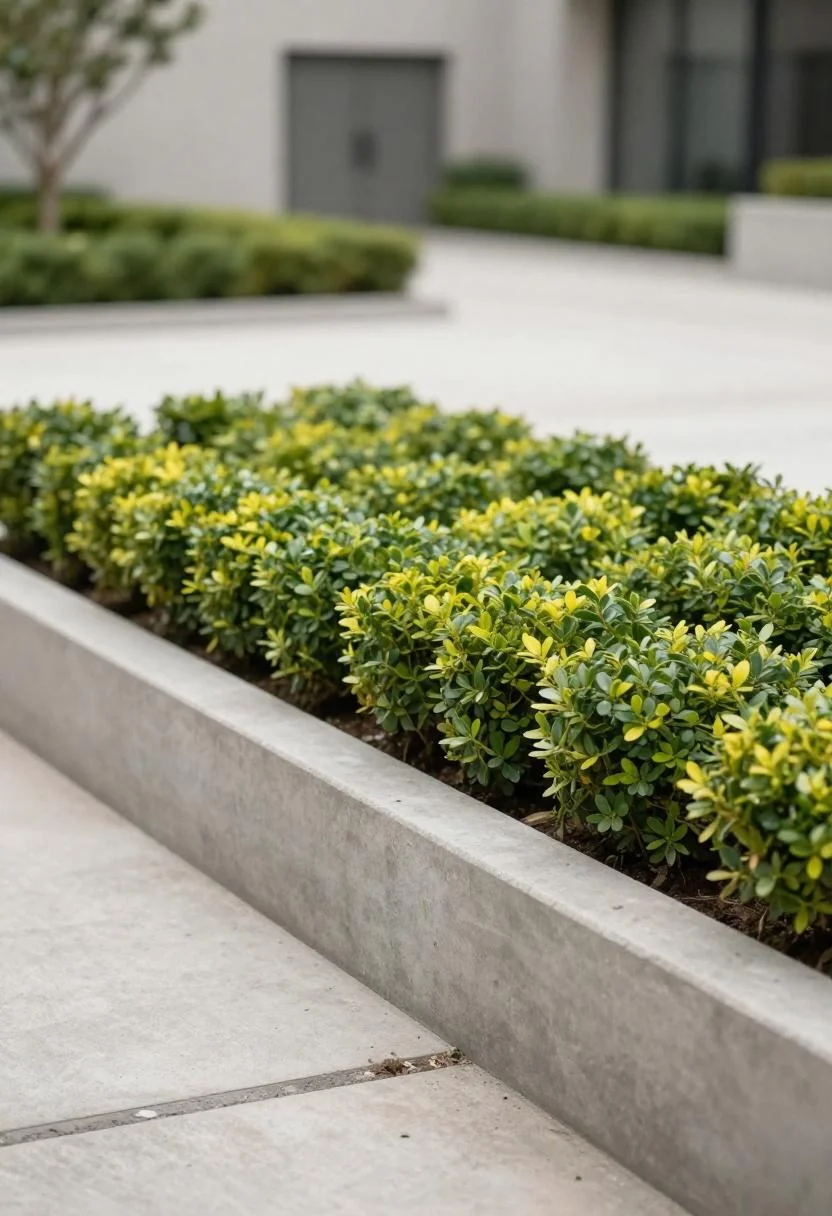 Minimalist front yard concrete planter with wasabi chartreuse boxwood spheres flanking a poured concrete entry step