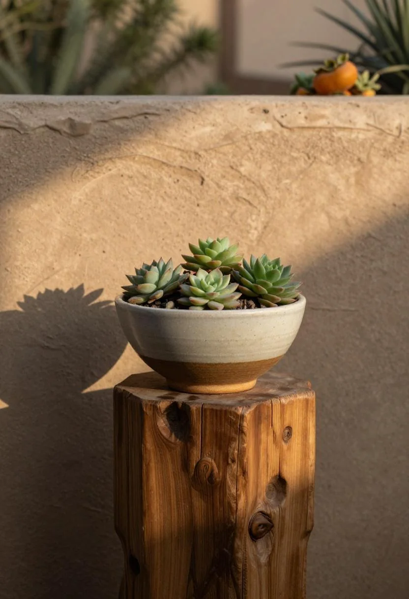 Afrohemian garden corner with a carved wooden pedestal and persimmon-glazed bowl of succulents against a rammed-earth wall