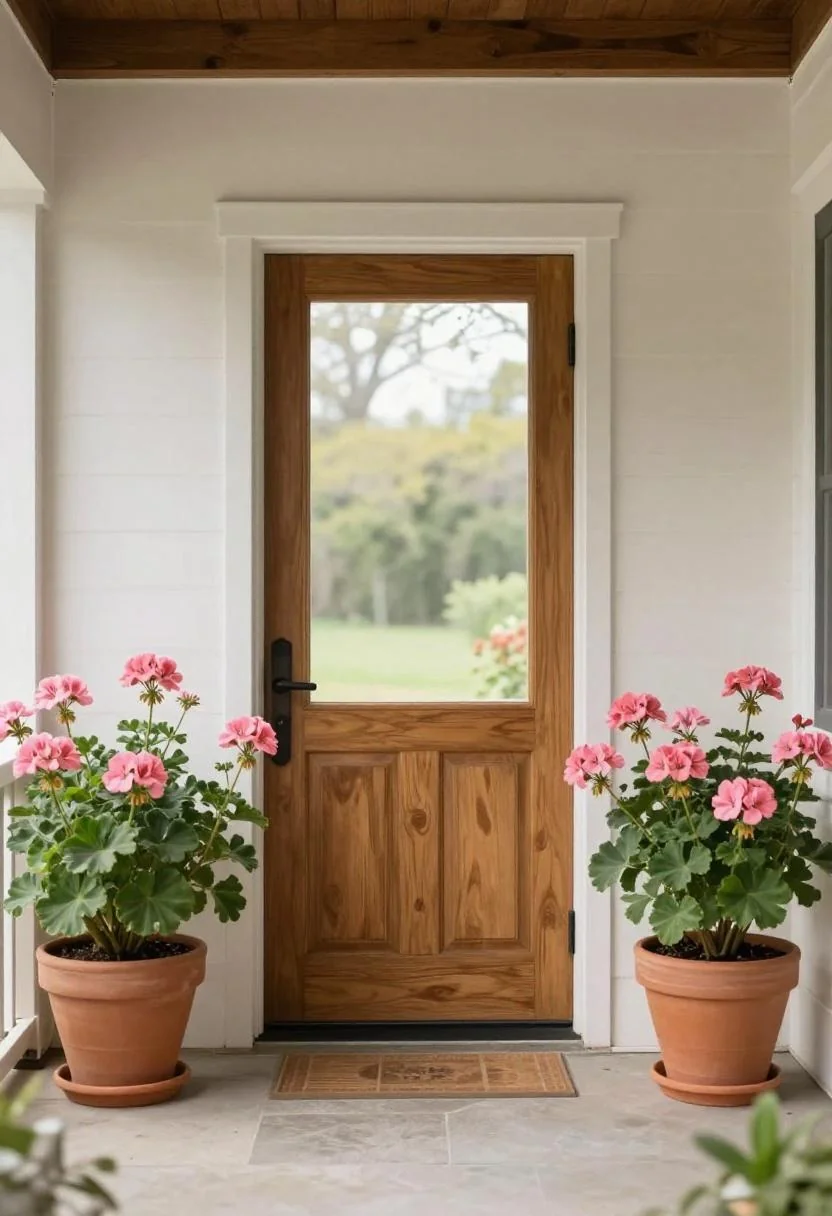Spring porch landing with warm terracotta saucer planters of pink geraniums flanking a natural oak front door