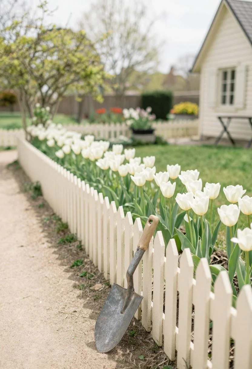 Cottagecore side garden with cream white picket fence, spring tulip border, and a vintage galvanized trowel at rest