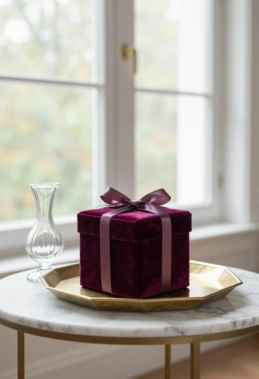 Neo Deco baby shower centerpiece with plum velvet gift box and brass geometric tray