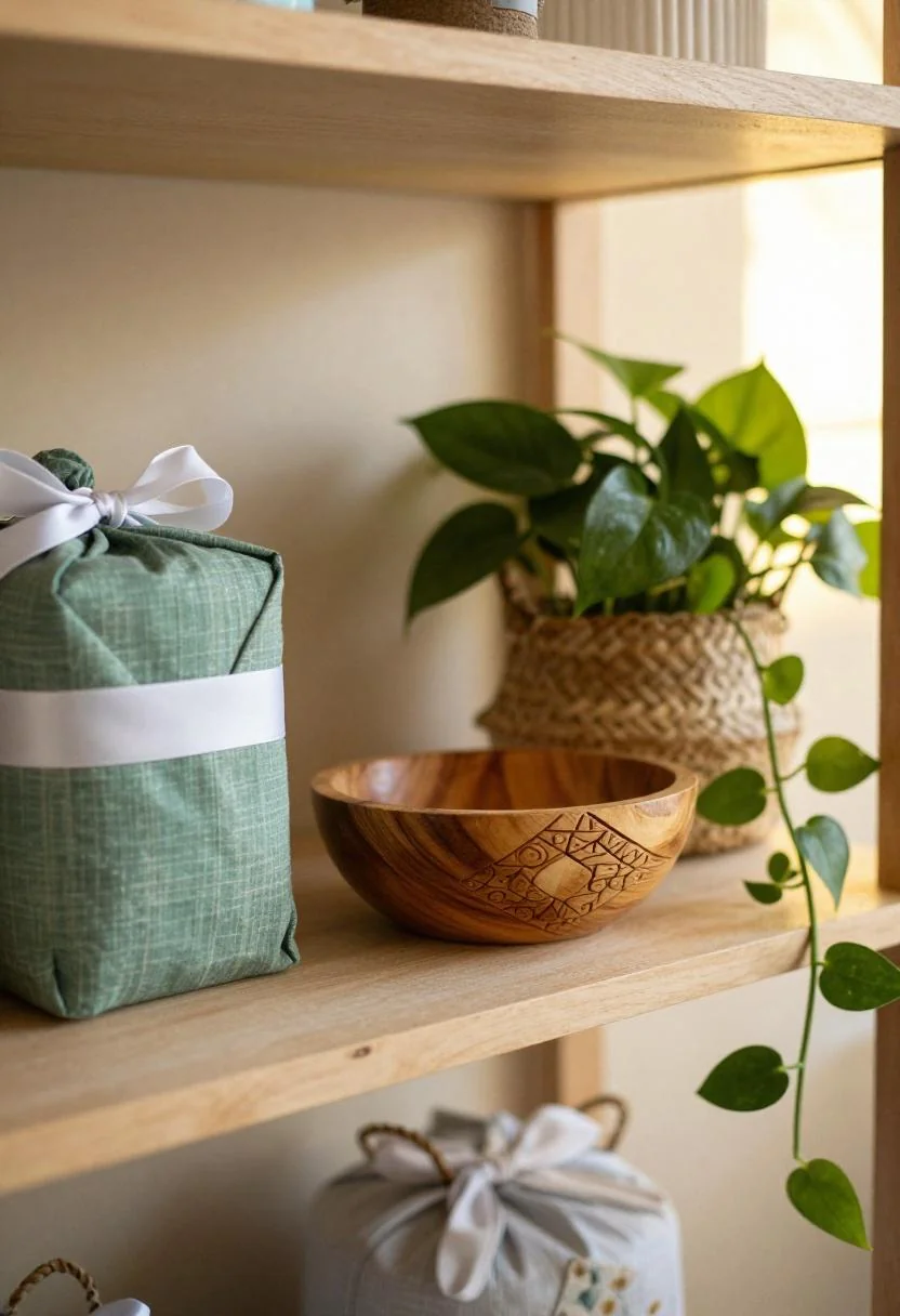 Afrohemian baby shower shelf with jade mudcloth gift bundle and carved acacia wood bowl