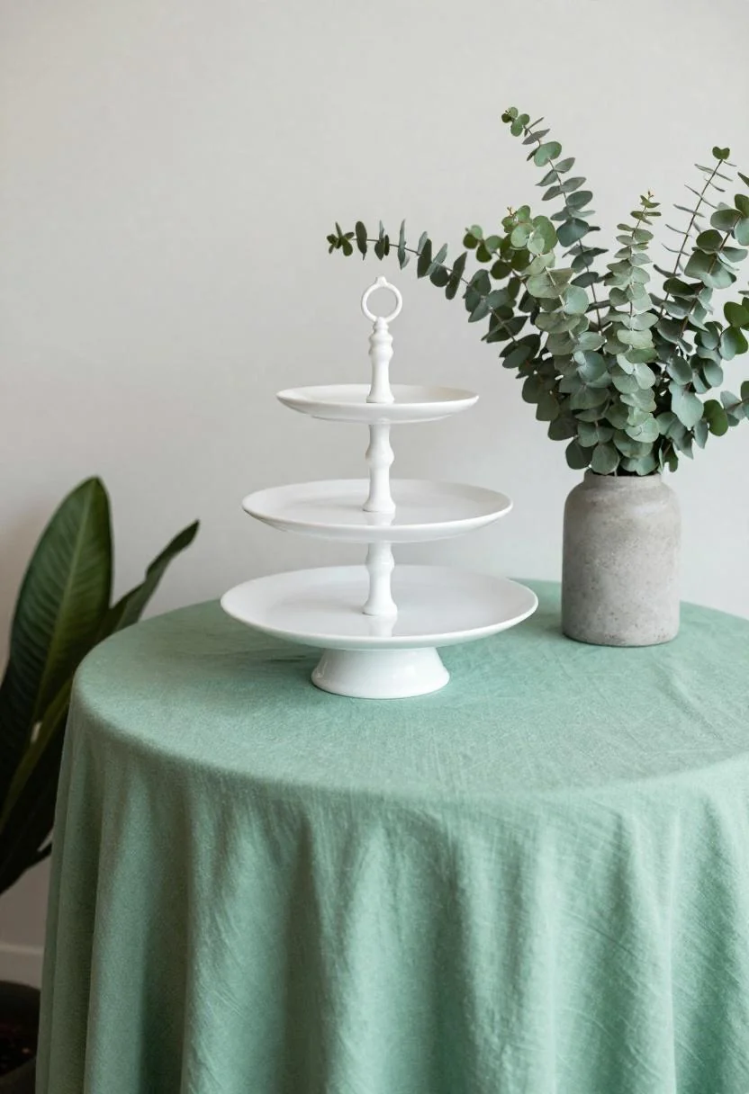 Bold baby shower dessert table with wasabi green linen and a tiered ceramic cake stand