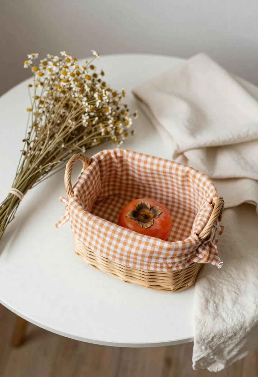 Cottagecore baby shower gift basket wrapped in persimmon gingham with dried chamomile