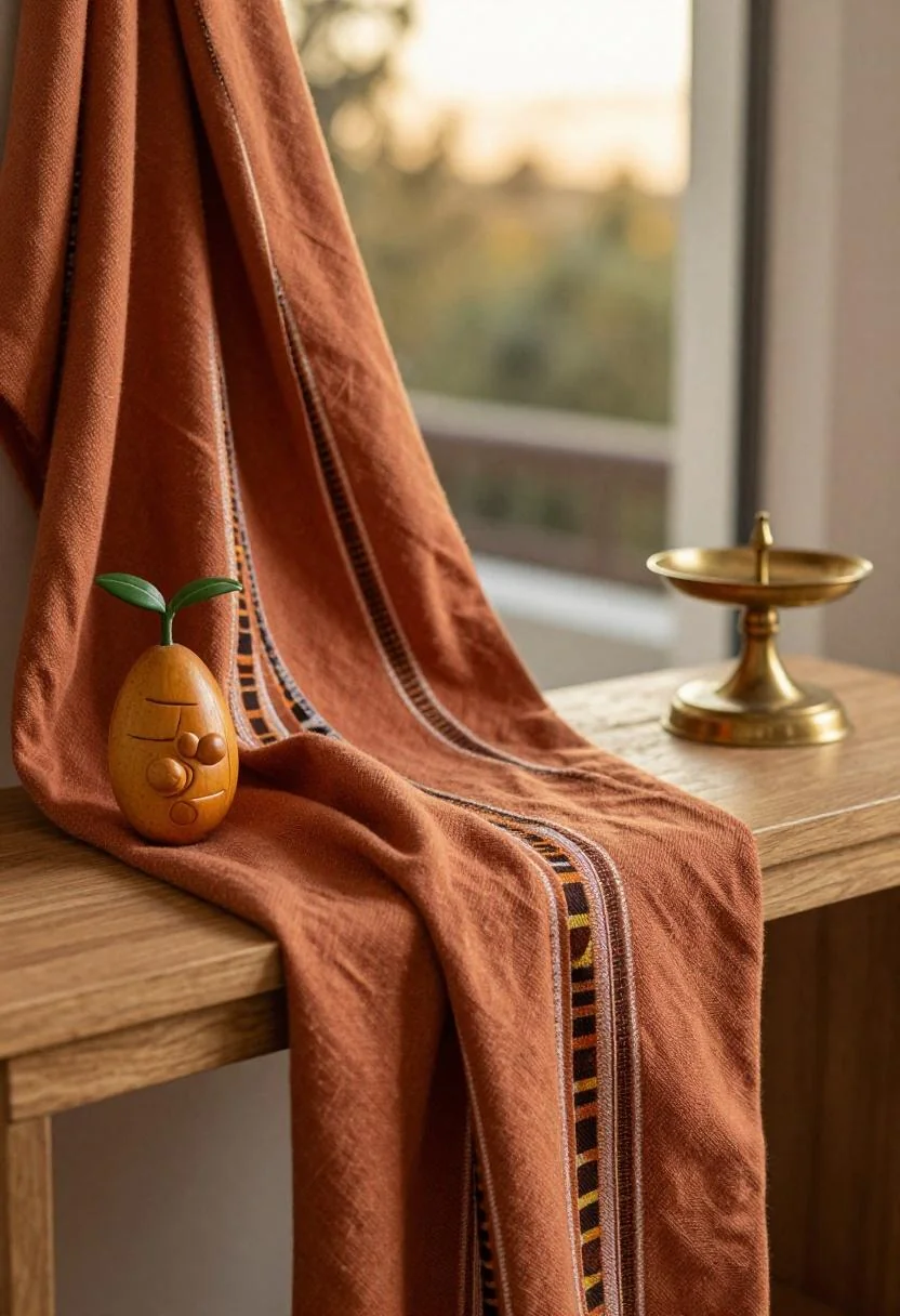 Afrohemian baby shower console with terracotta kente textile and carved mango wood sprout figurine