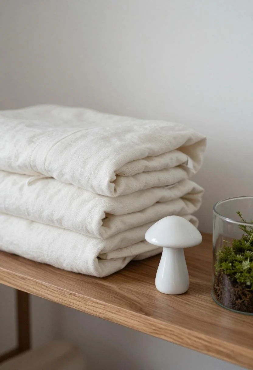 Minimalist nursery vignette with cream linen swaddle and ceramic mushroom on a walnut shelf