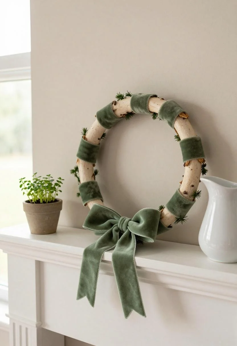 Cottagecore mantel with sage green velvet ribbon on birch garland and herb seedlings in earthenware
