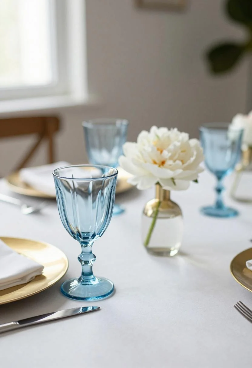 Neo Deco baby shower place setting with cool blue fluted glass and brass charger plate