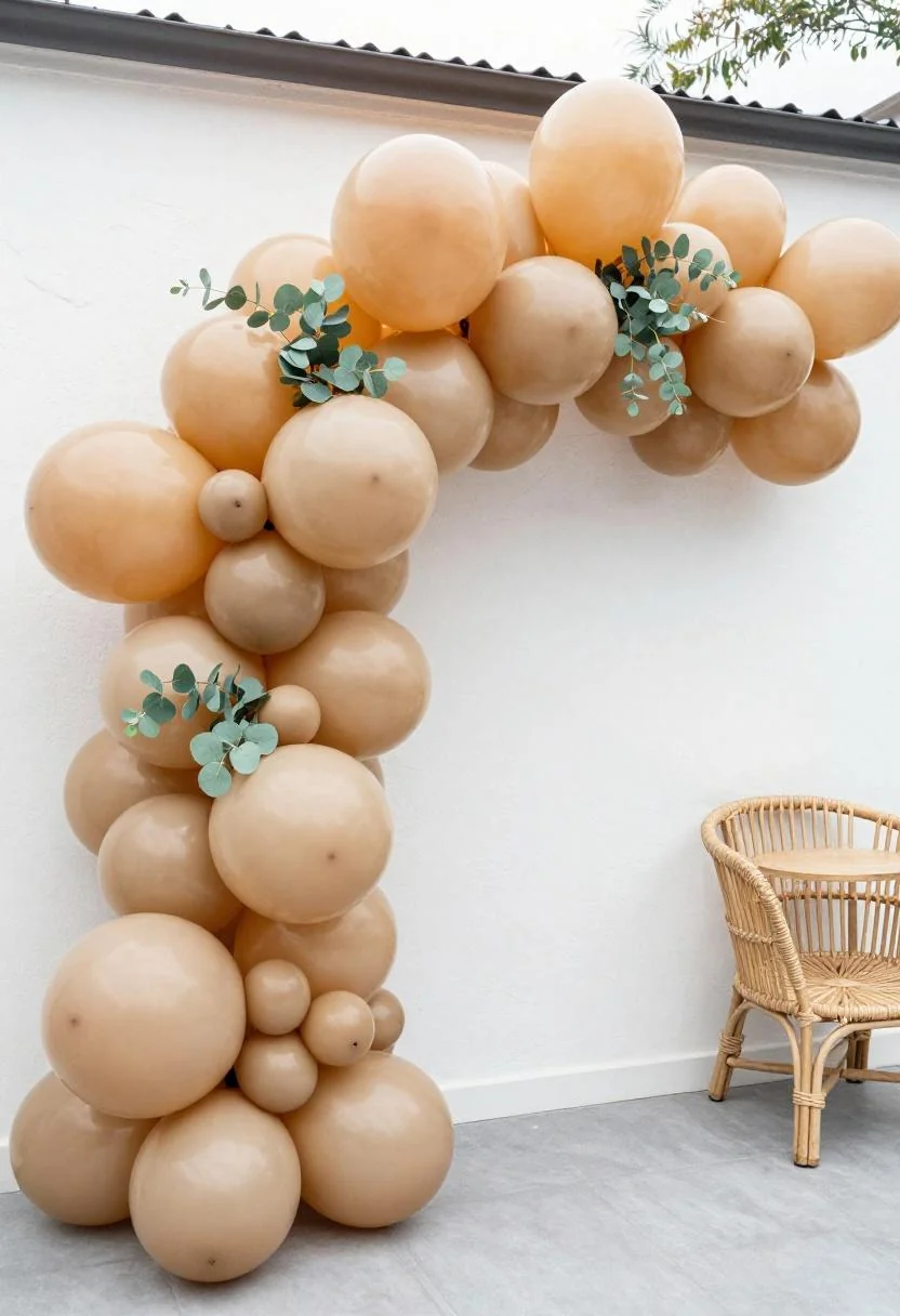 Maximalist baby shower balloon arch in plum noir with eucalyptus sprigs and a rattan side table