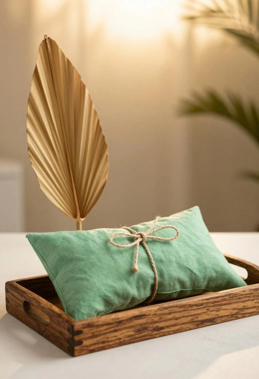 Afrohemian baby shower gift pouch in jade mudcloth on a carved ebony tray with a dried palm leaf