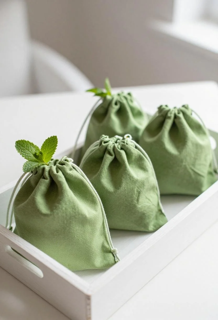 Bold baby shower favor station with wasabi green linen bags and fresh mint sprigs on an oak tray