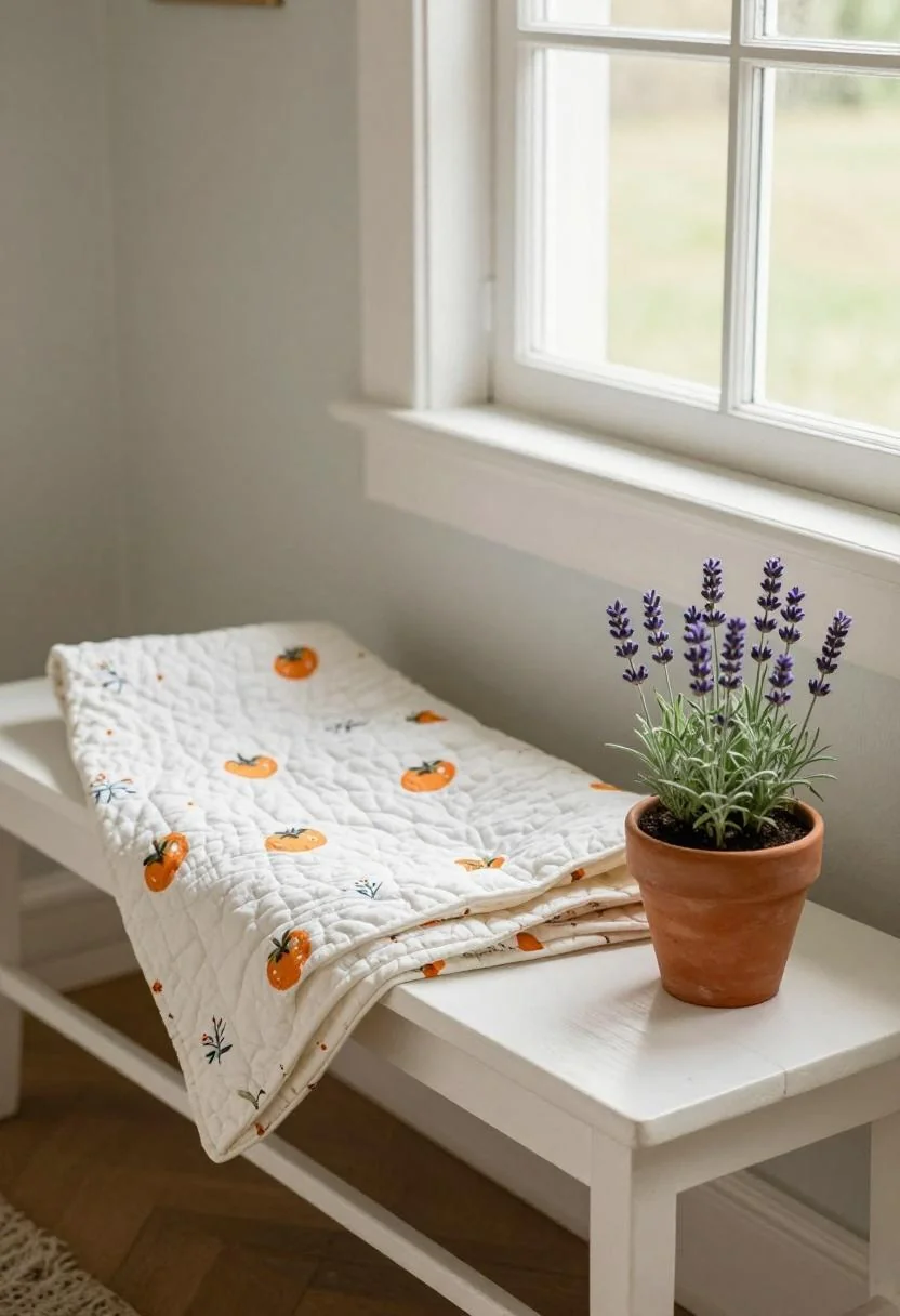 Cottagecore porch bench with persimmon cotton quilt and lavender seedlings in terracotta