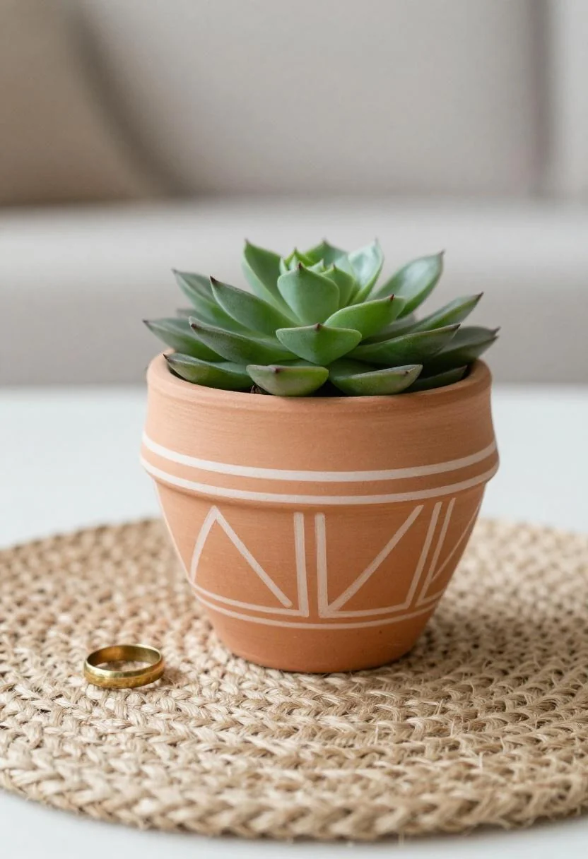 Afrohemian baby shower centerpiece with hand-painted terracotta pot, succulent, and brass ring on jute