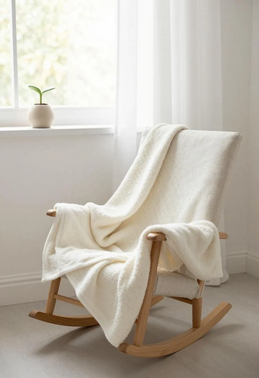 Minimalist nursery corner with cream wool blanket on a linen rocking chair and ceramic seedling figurine