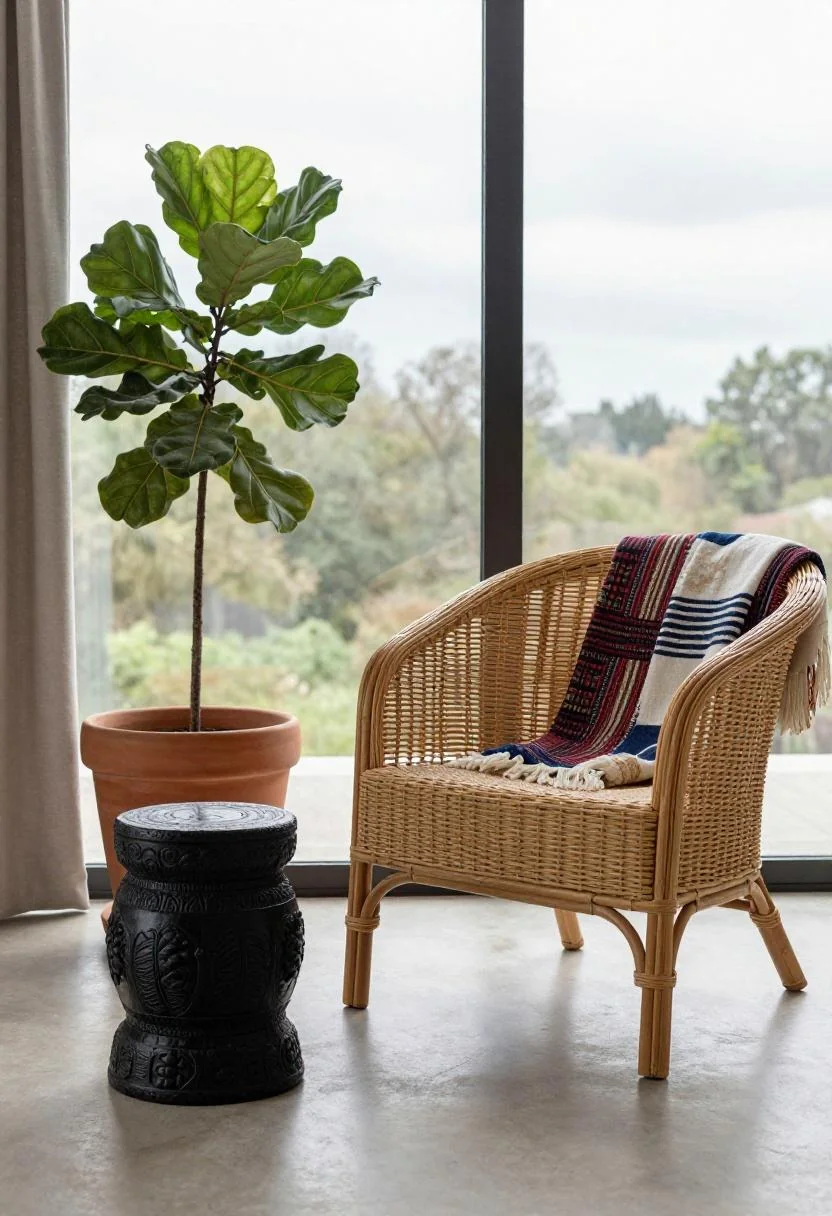 Afrohemian living room corner with carved wood stool, jade green fiddle-leaf fig, and mudcloth throw