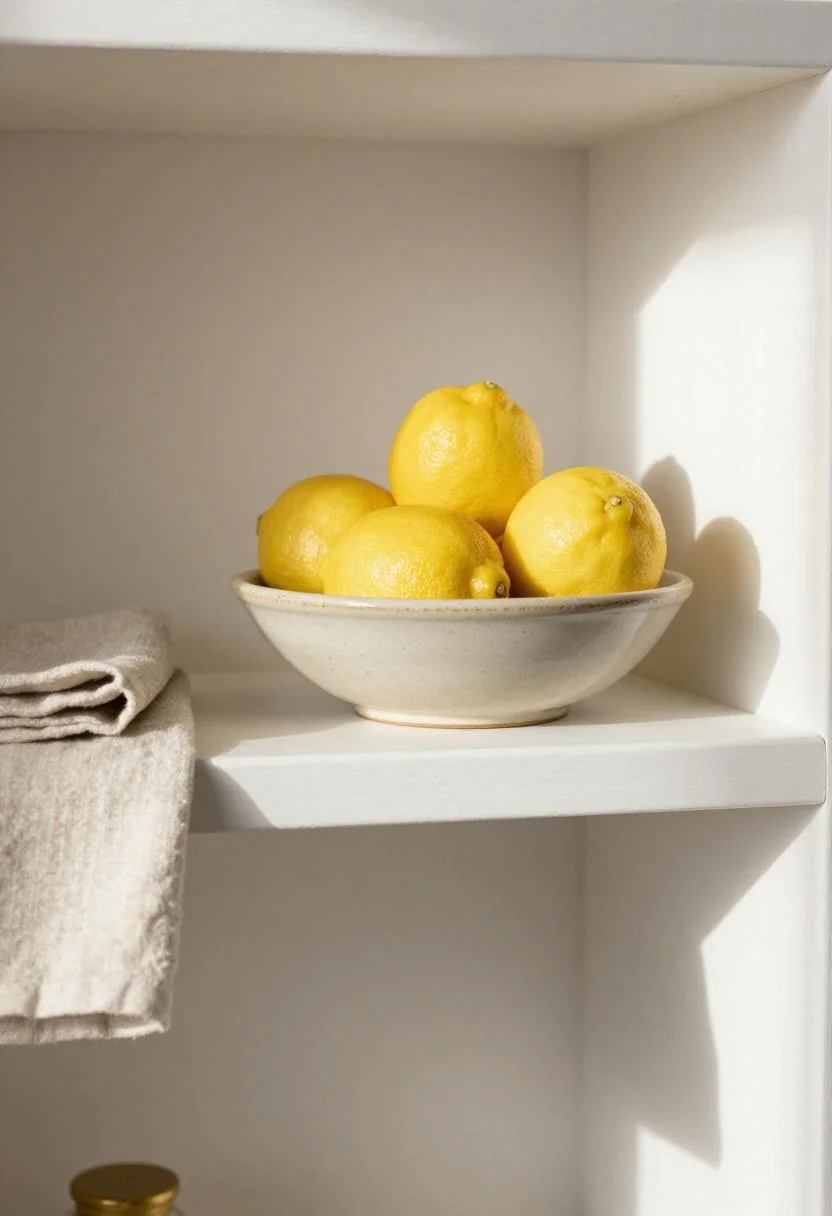 Kitchen shelf with wasabi-glazed stoneware bowl of lemons and folded linen towel