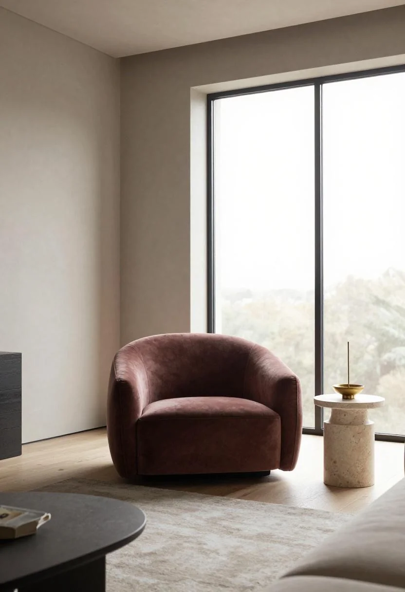 Maximalist living room with plum noir velvet armchair and travertine side table with brass incense holder