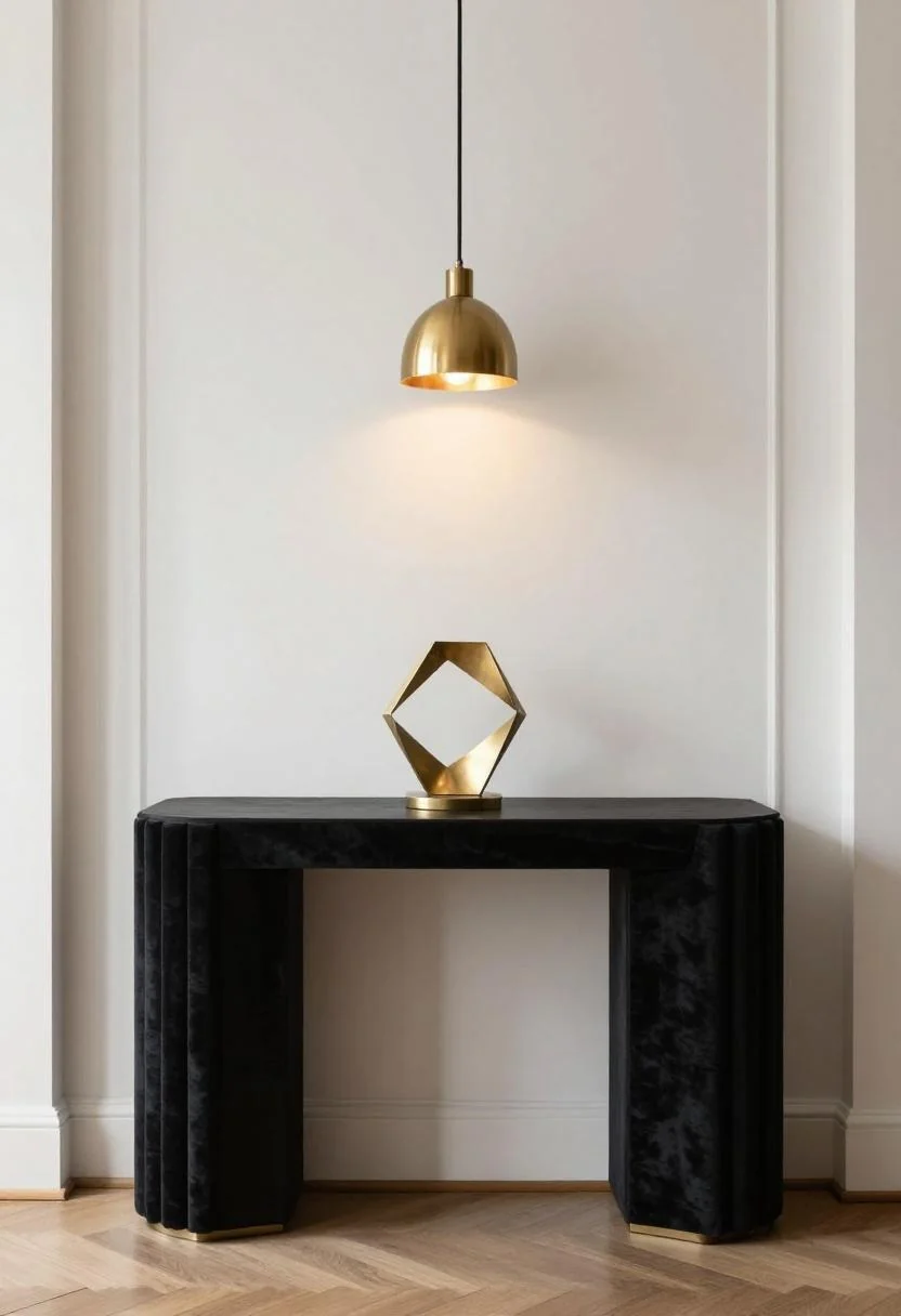 Neo Deco entryway with plum noir velvet console and brass geometric sculpture