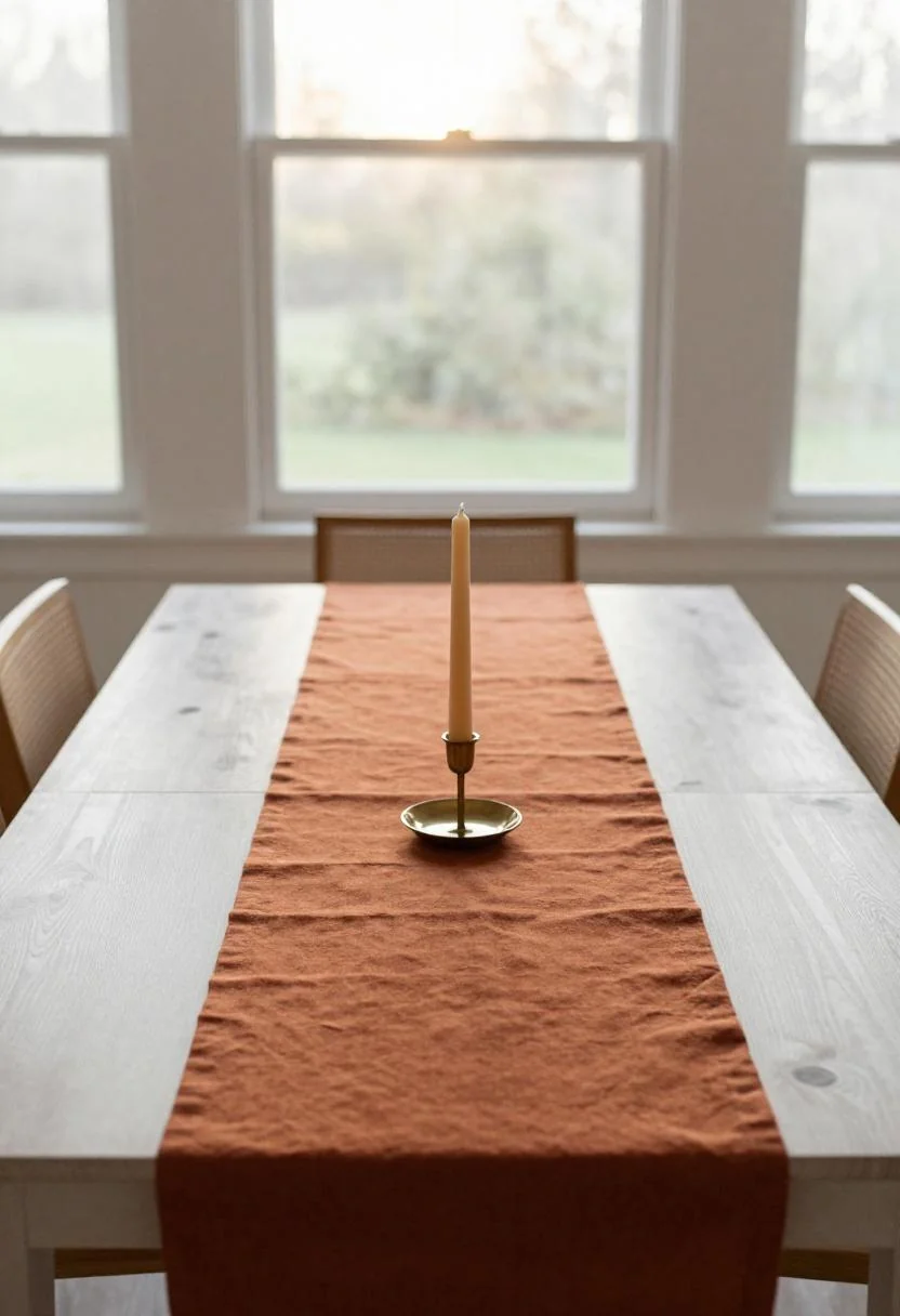 Dining room with persimmon linen runner on white oak table and brass candleholder