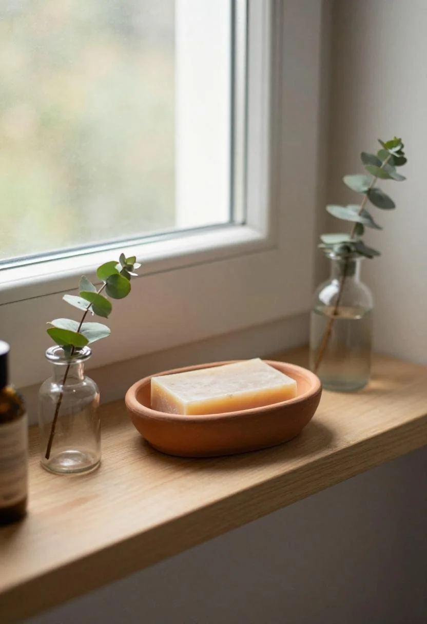Cottagecore bathroom shelf with terracotta soap dish and eucalyptus sprig in a glass vase