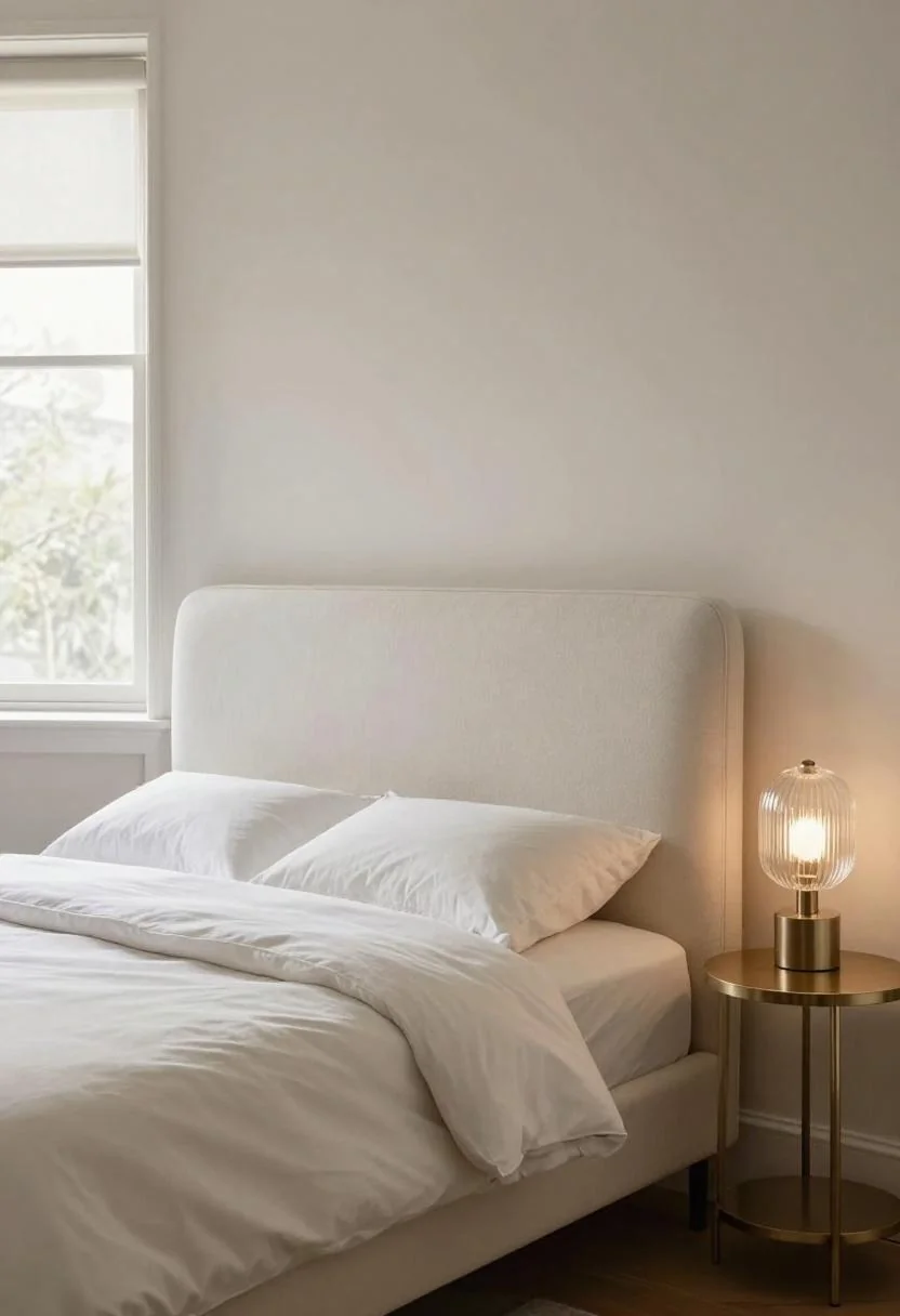 Neo Deco bedroom with cream white bouclé headboard and fluted glass lamp on brass nightstand