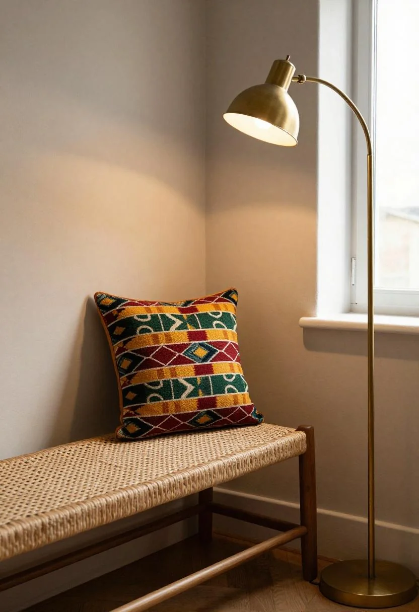 Afrohemian study nook with kente-inspired cushion on rattan bench and sage green wall