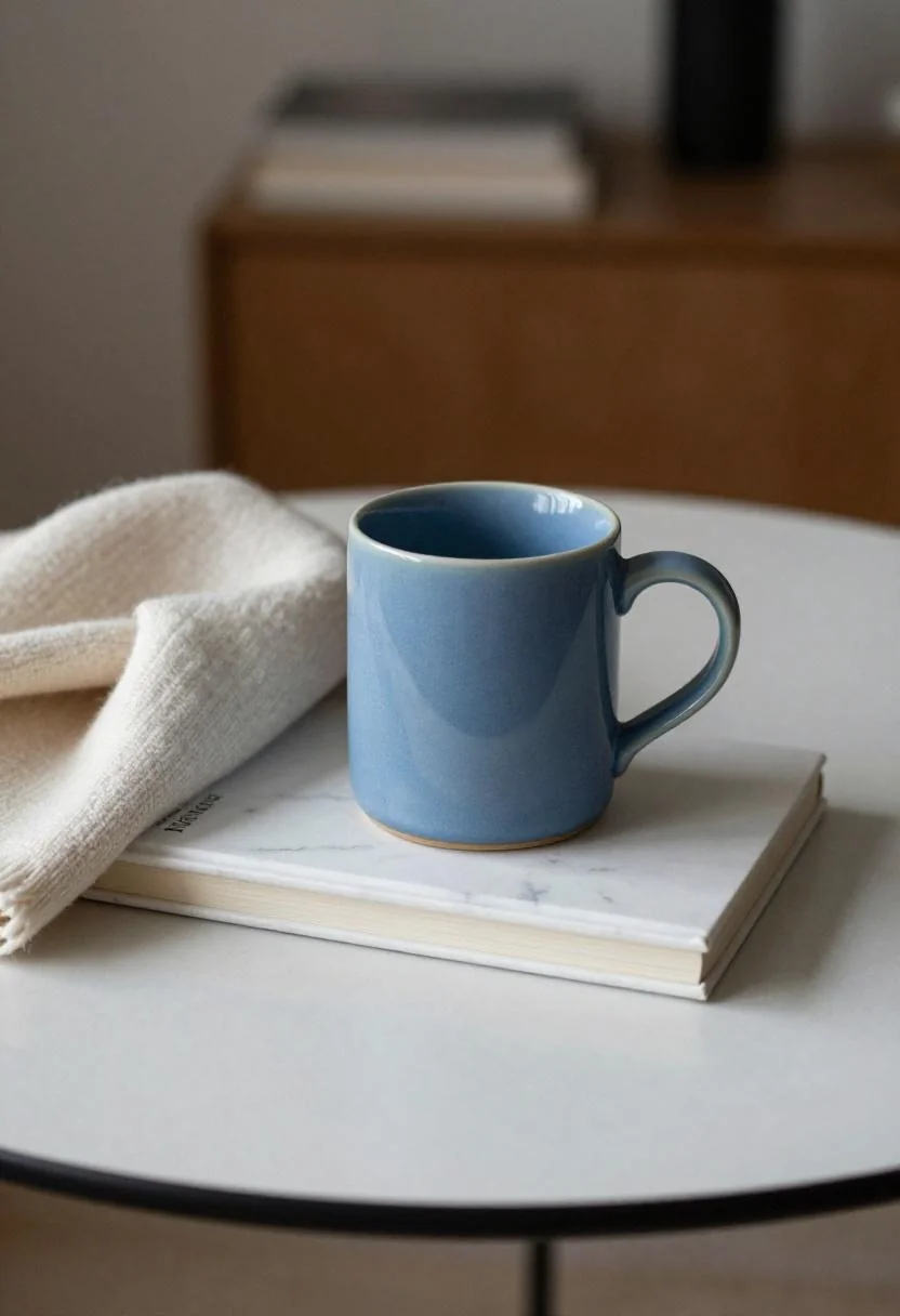 Overhead coffee table vignette with cool blue ceramic mug, marble coaster, and merino throw