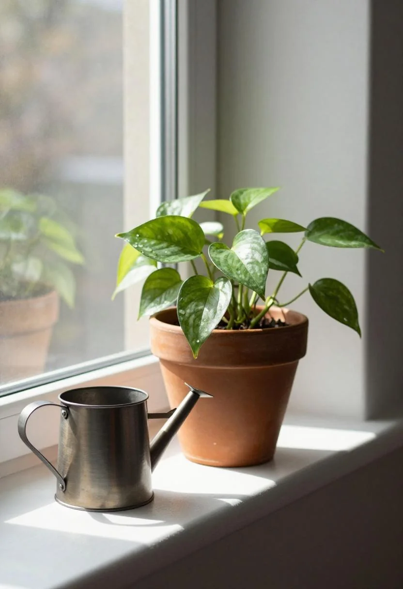 Sunlit windowsill with jade green terracotta pot of pothos and copper watering can