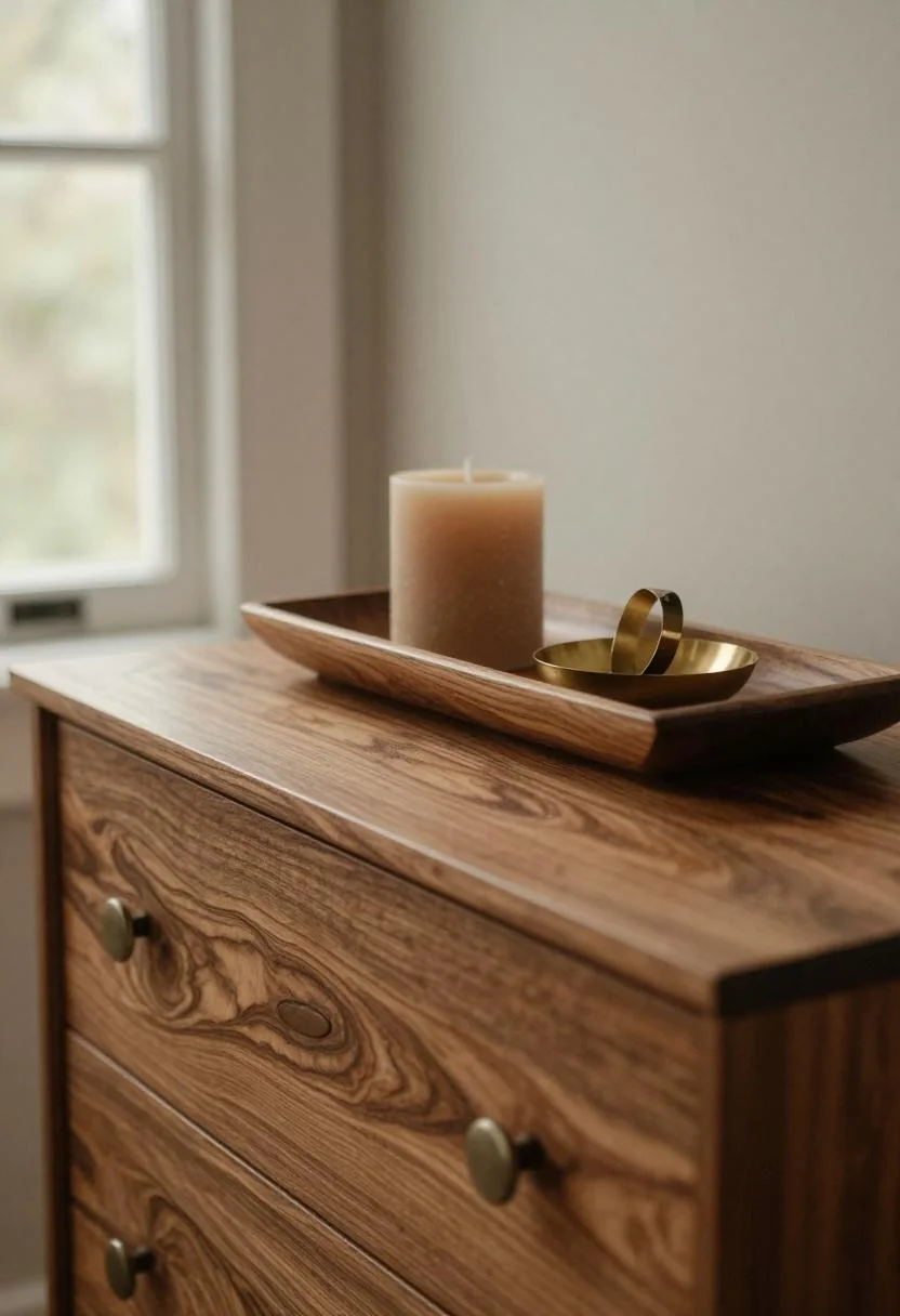 Afrohemian dresser vignette with carved acacia tray, wasabi pillar candle, and brass ring dish