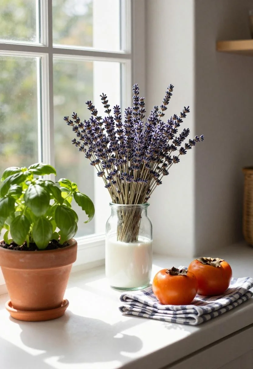Cottagecore kitchen windowsill with basil, dried lavender, and persimmon gingham cloth