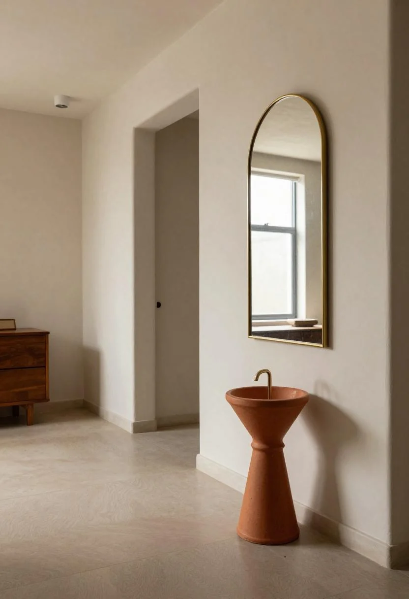 Neo Deco hallway with terracotta fluted umbrella stand beside an arched brass mirror