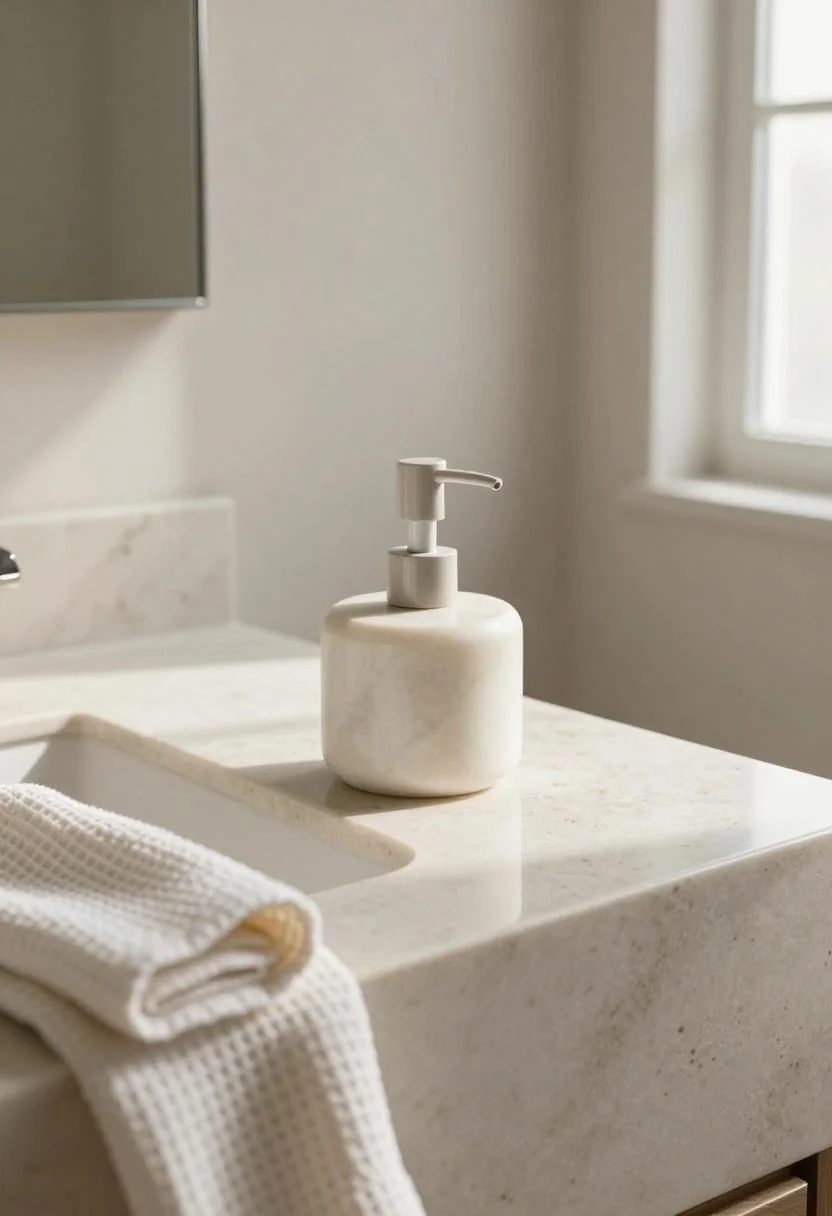 Minimalist bathroom vanity with cream white marble soap dispenser and waffle-weave linen towel