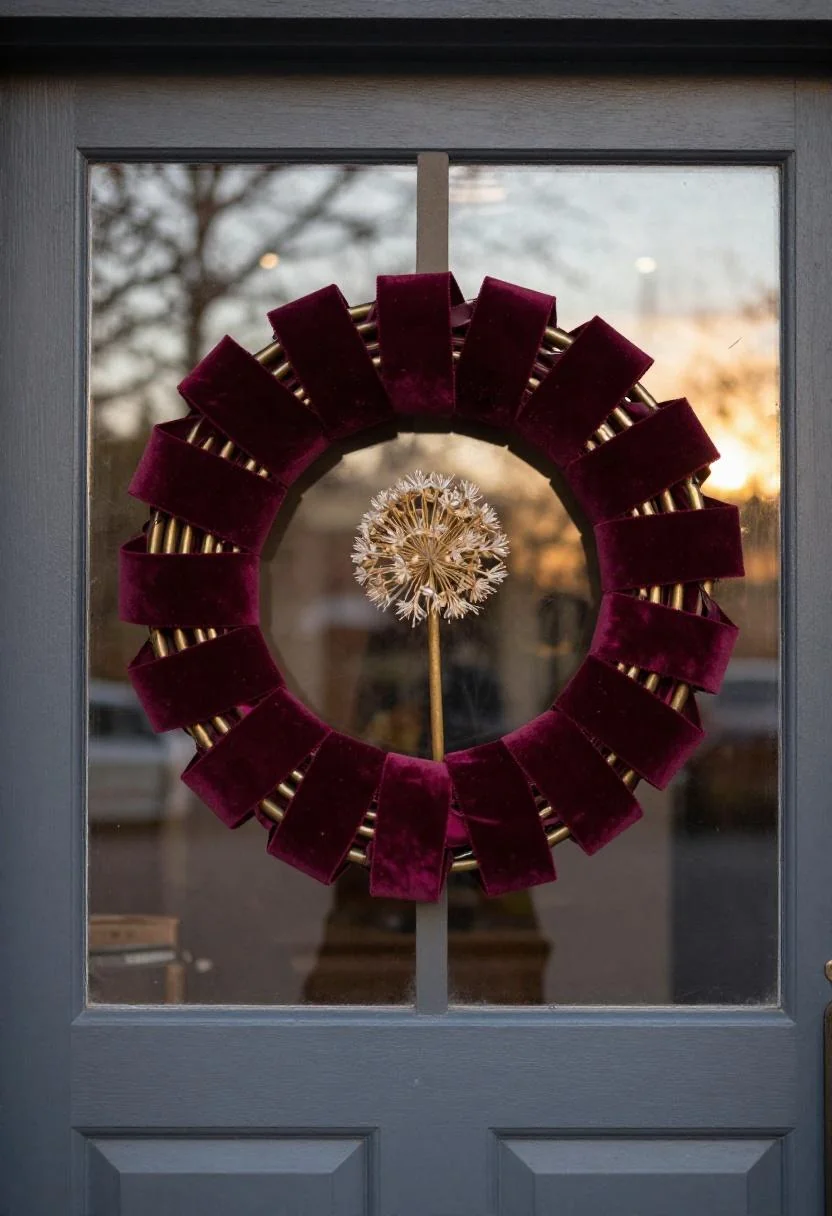 Neo Deco brass wreath frame with plum velvet ribbon and dried allium on a front door
