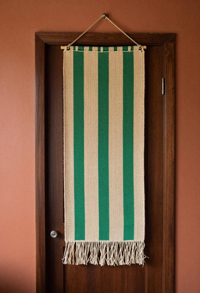 Afrohemian jute and jade green kente-ribbon door hanger on a mahogany front door