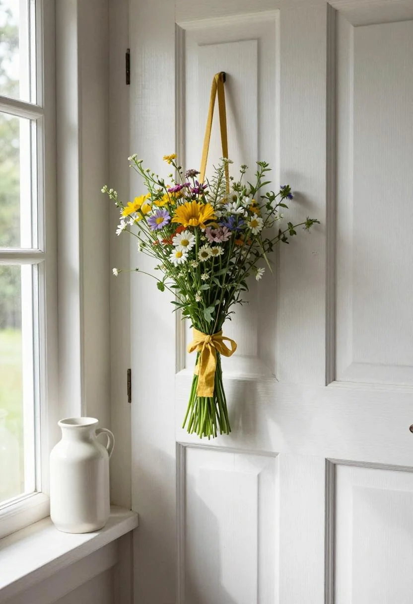 Cottagecore wildflower bundle tied with wasabi linen twine on a distressed white porch door