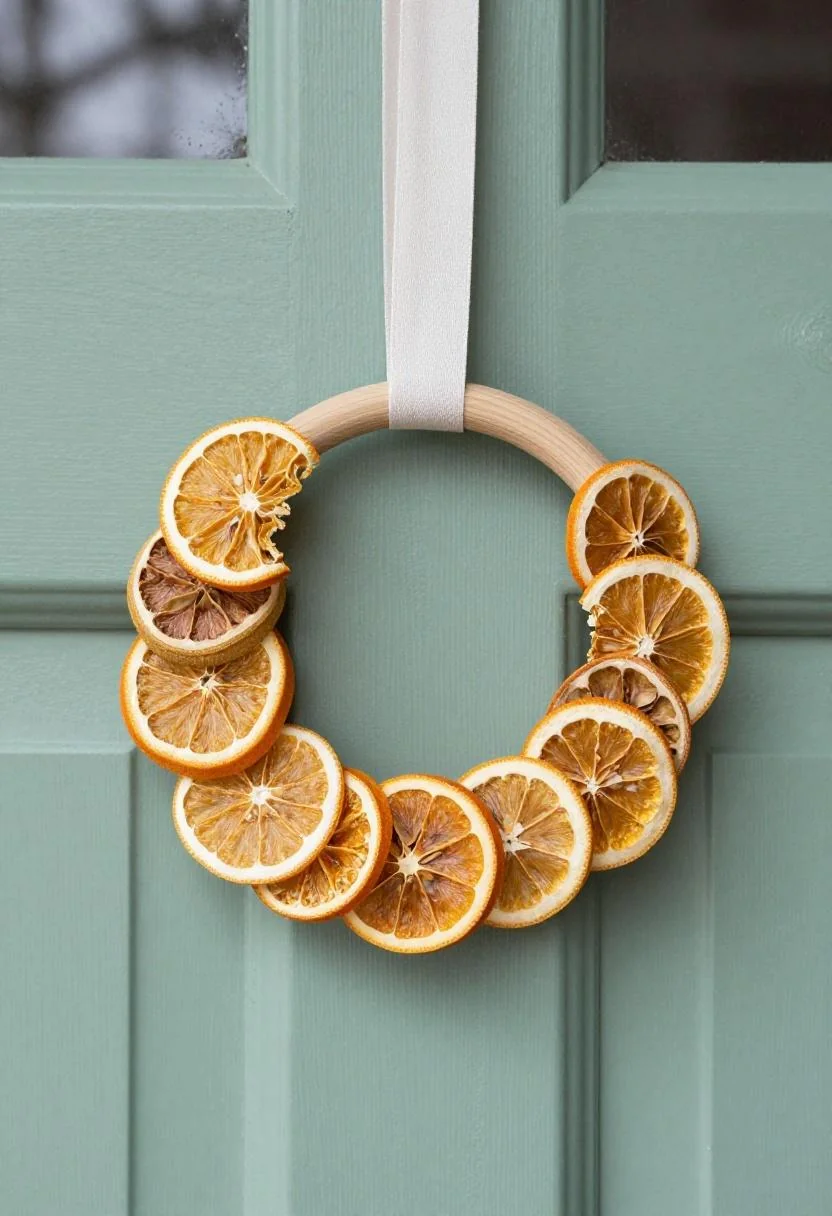 Dried citrus slices and persimmon ribbon door hanger on a sage-green painted door