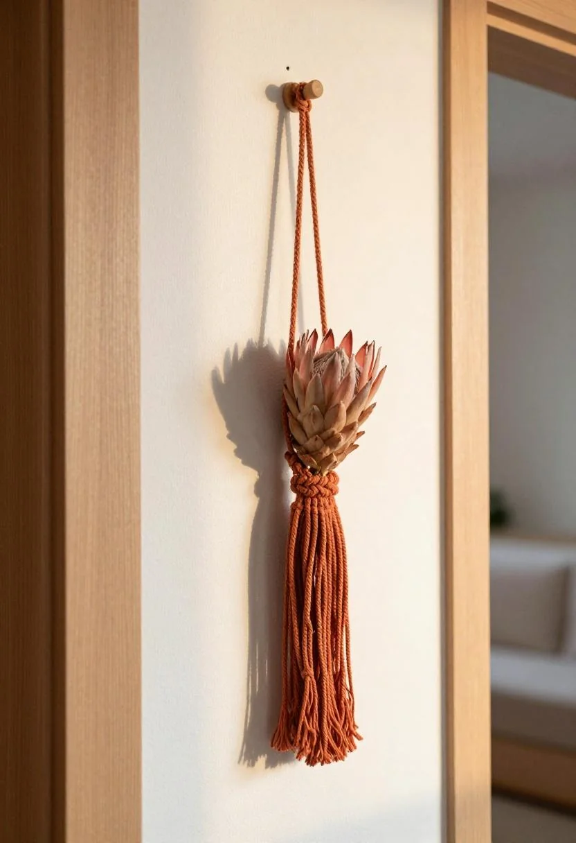 Terracotta macramé cotton door hanger with dried protea beside a pale oak door